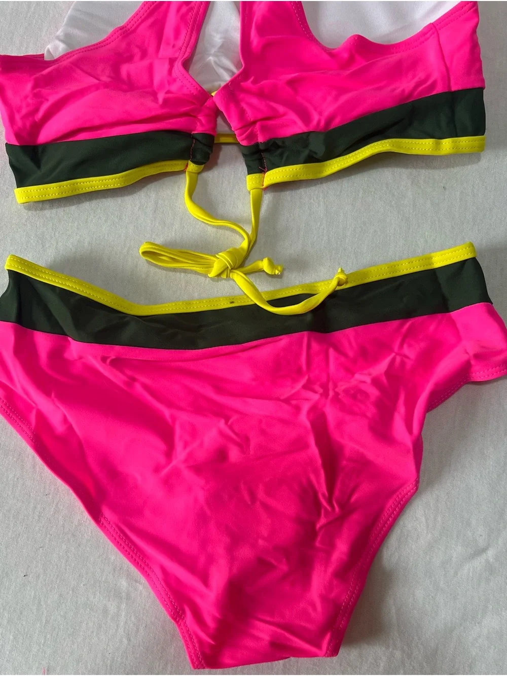 Girls' Neon Pink Two-Piece Swim Set with Black and Yellow Trim